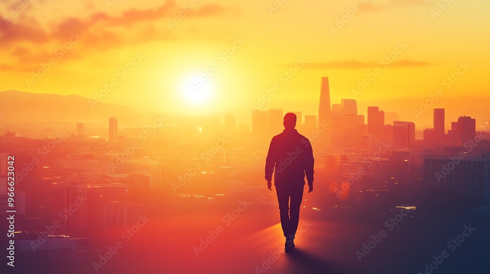Fototapeta premium Man walking towards city skyline at sunset, with vibrant orange and yellow hues, symbolizing hope, determination, and a new beginning.