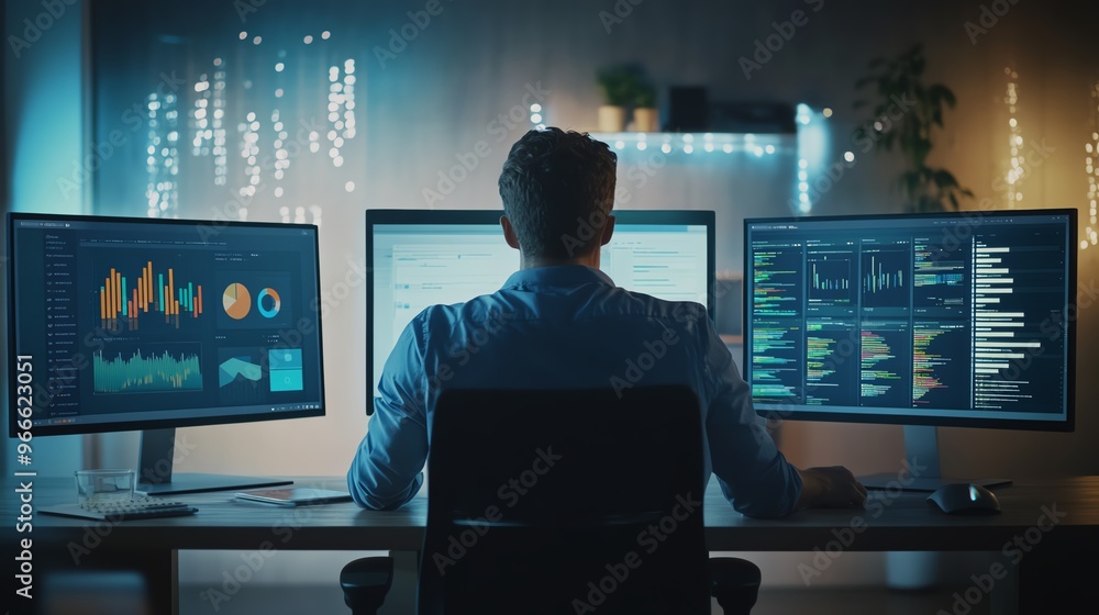 Man working on multiple monitors with data analysis and graphs, focused in modern office with blue lighting. Man working on multiple monitors with data analysis and graphs, focused in modern office with blue lighting.