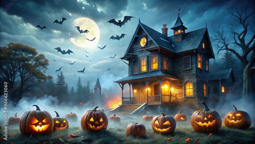 Haunted house with illuminated Jack-o'-lanterns, bats flying overhead and spooky fog , Halloween, haunted, spooky, creepy, scary Haunted house with illuminated Jack-o'-lanterns, bats flying overhead and spooky fog , Halloween, haunted, spooky, creepy, scary