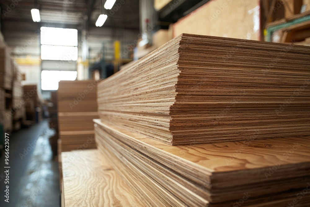 Obraz premium Stacked Plywood Sheets in a Warehouse