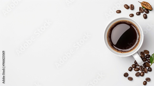 cozy tone, Isolated black coffee in a white cup with coffee beans on a white backdrop, with text copy space.