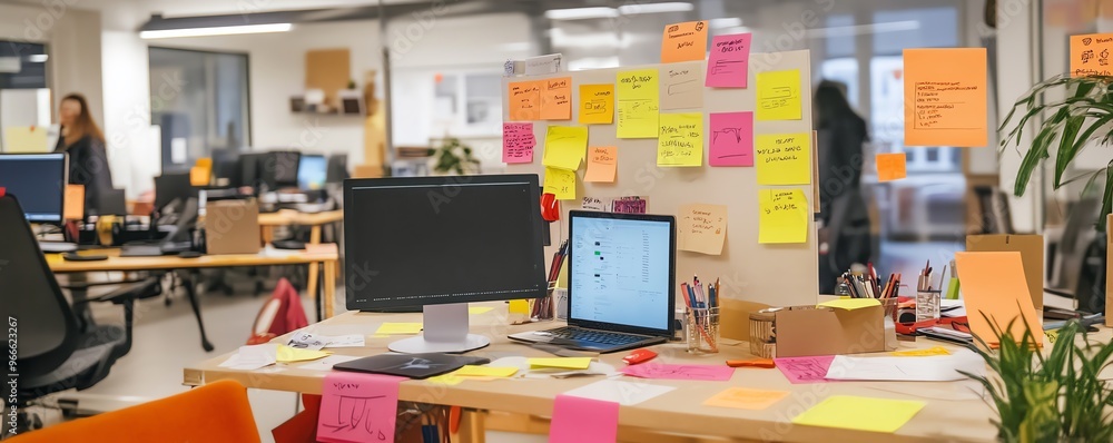 Modern office with computers, sticky notes, and organized workspace ...