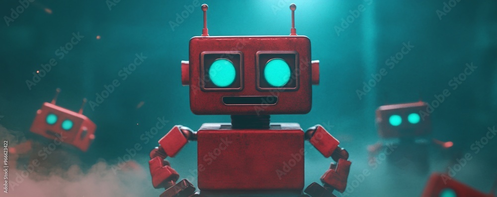 Fototapeta premium Playful red robots with glowing turquoise eyes in a whimsical sci-fi setting.