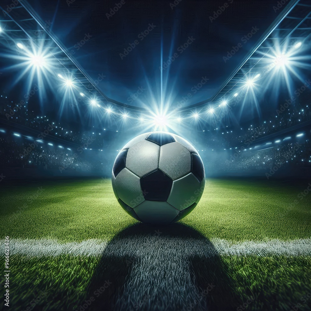 Naklejka premium Close up of a soccer ball in the center of the empty soccer stadium illuminated by the headlights