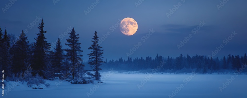 Full moon over snowy forest landscape at night Full moon over snowy forest landscape at night