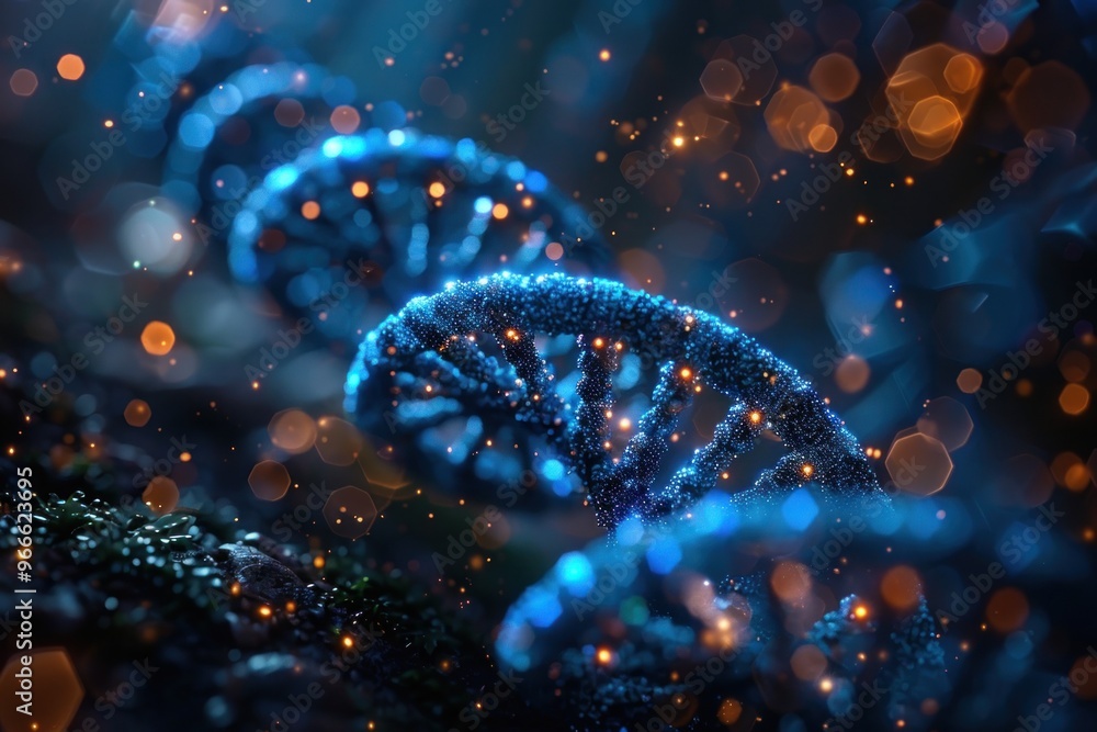 A close-up view of glowing blue DNA strands against a dark background with bokeh lights. A close-up view of glowing blue DNA strands against a dark background with bokeh lights.