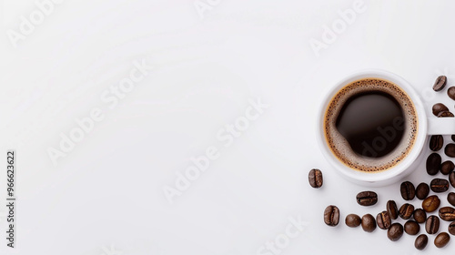 cozy tone, Isolated black coffee in a white cup with coffee beans on a white backdrop, with text copy space.