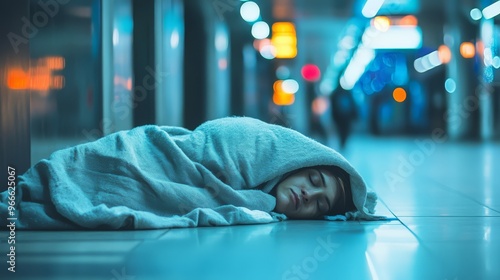 A person wrapped in a blanket sleeps on the floor in a dimly-lit urban setting, symbolizing homelessness and hardship. photo