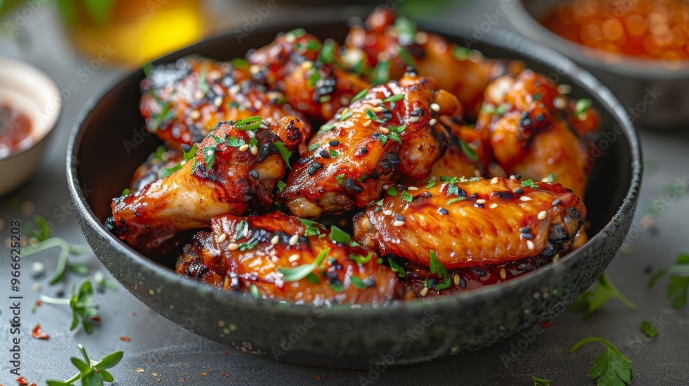 Close Up Of Delicious Grilled And Glazed Chicken Wings In A Black Bowl With Fresh Herbs Close Up Of Delicious Grilled And Glazed Chicken Wings In A Black Bowl With Fresh Herbs
