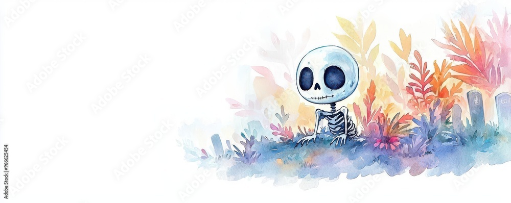 Fototapeta premium Petite skeletal creature with hollow eyes, floating in a misty graveyard, watercolor style, muted pastels, eerie calm