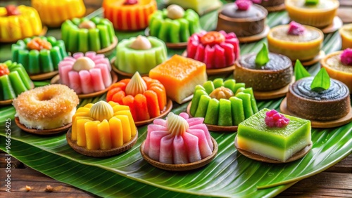 Traditional Malay kuih dessert in various colorful and delicious shapes and flavors, Malaysian, sweet, snack, traditional, dessert photo