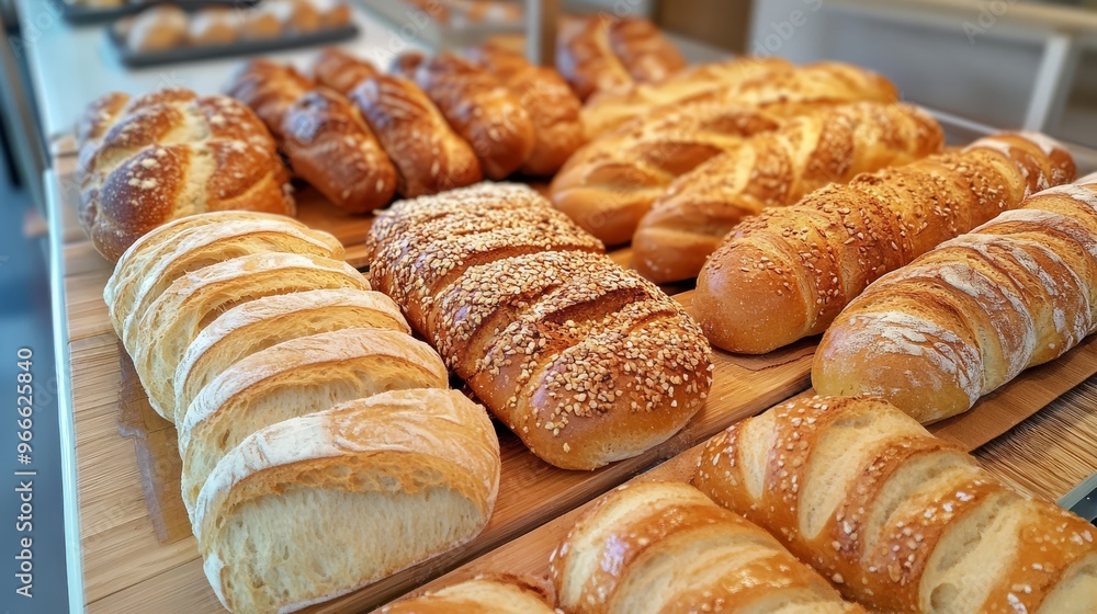 Assorted freshly baked bread varieties displayed on a wooden counter in a bakery, highlighting texture and golden crusts. Assorted freshly baked bread varieties displayed on a wooden counter in a bakery, highlighting texture and golden crusts.