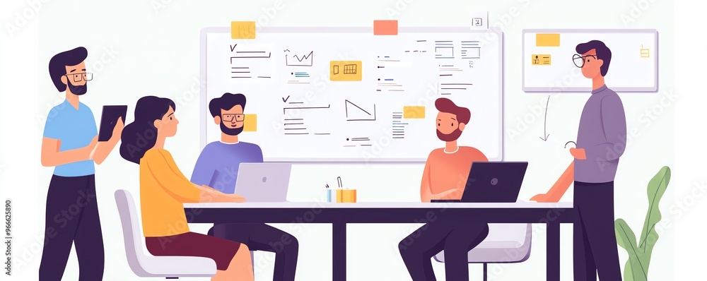 Team meeting in modern office with diverse professionals collaborating on projects with laptops and whiteboard illustrations. Team meeting in modern office with diverse professionals collaborating on projects with laptops and whiteboard illustrations.