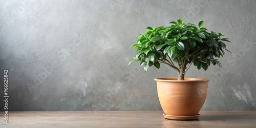 Lush polyscias plant in ceramic pot on background, house plants, foliage, greenery, indoor garden, botanical photo