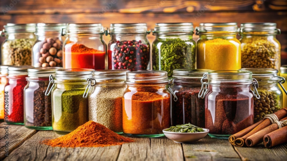 Glass jars filled with a variety of colorful spices in a kitchen , spices, herbs, flavor, seasoning, cooking Glass jars filled with a variety of colorful spices in a kitchen , spices, herbs, flavor, seasoning, cooking