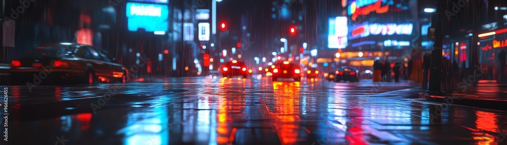 Vibrant city street at night with bright neon lights reflecting on wet pavement. Urban nightlife captured with bustling traffic and illuminated signs. Vibrant city street at night with bright neon lights reflecting on wet pavement. Urban nightlife captured with bustling traffic and illuminated signs.