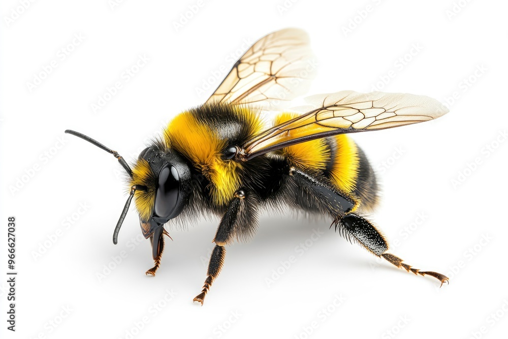 Bee yellow and black on white plain background, isolated , ai Bee yellow and black on white plain background, isolated , ai