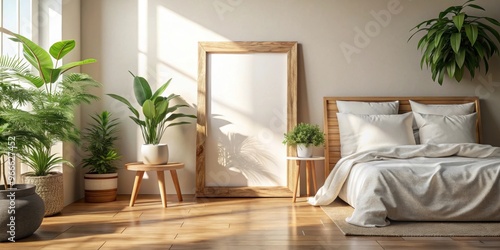 Wood frame mockup in a warm, sunlight-filled bedroom with plants , mockup, wood frame, cozy, neutral, warm, sunlight