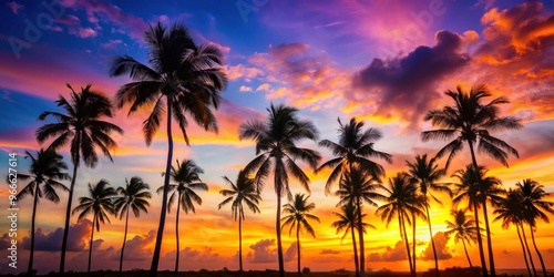 Coconut palm trees silhouetted against a colorful sunset, coconut palms, tropical, sunset, silhouette, colorful, sky