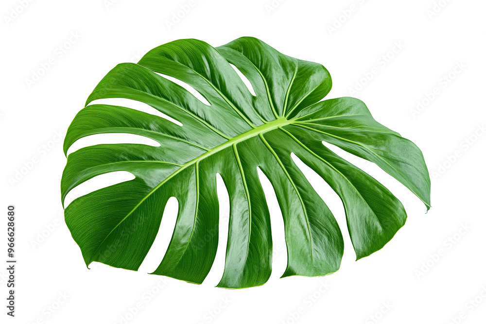 A detailed of a vibrant green Monstera leaf, showcasing its characteristic split and fenestrated shape. The tropical leaf is isolated on a white background. A detailed of a vibrant green Monstera leaf, showcasing its characteristic split and fenestrated shape. The tropical leaf is isolated on a white background.
