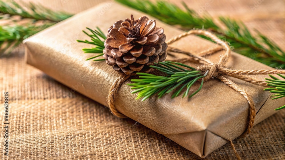 Close up of eco-friendly Christmas gift wrap with cone decoration on paper, Eco-friendly, Christmas, gift wrap Close up of eco-friendly Christmas gift wrap with cone decoration on paper, Eco-friendly, Christmas, gift wrap