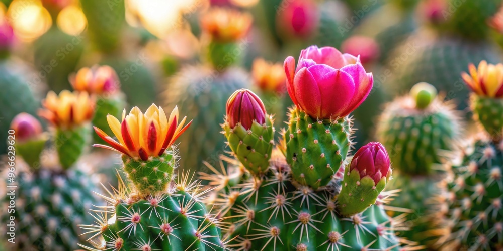 Opened flowers and buds on the cactus leaves, nature, flora, desert, bloom, succulent, plant, close up, botanical, prickly Opened flowers and buds on the cactus leaves, nature, flora, desert, bloom, succulent, plant, close up, botanical, prickly