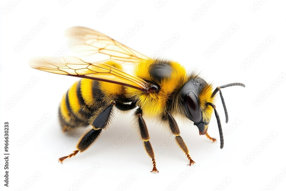 Bee yellow and black on white plain background, isolated , ai Bee yellow and black on white plain background, isolated , ai