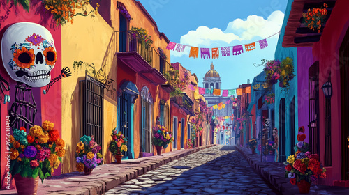 Artwork of Mexico city during Dia de los Muertos
