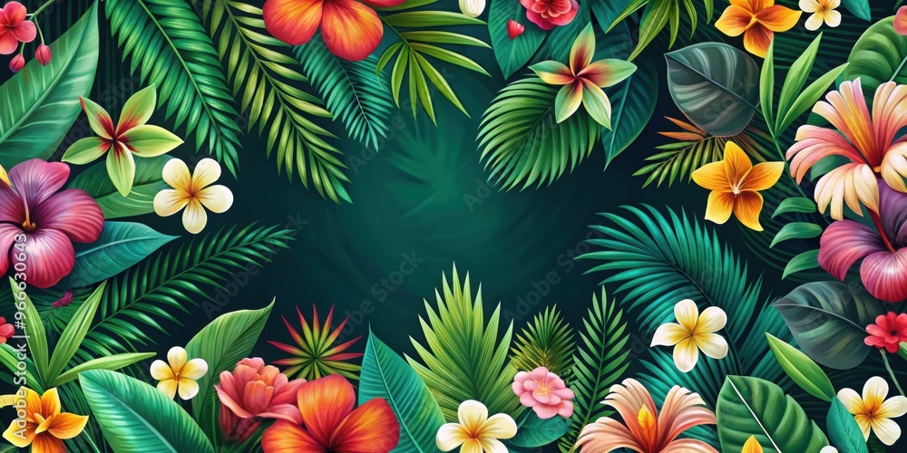 Colorful tropical flower pattern on dark green background for a lively atmosphere, tropical, flowers, colorful, pattern Colorful tropical flower pattern on dark green background for a lively atmosphere, tropical, flowers, colorful, pattern