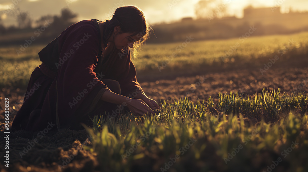 Fototapeta premium A powerful scene depicting a man planting seeds in a fertile field