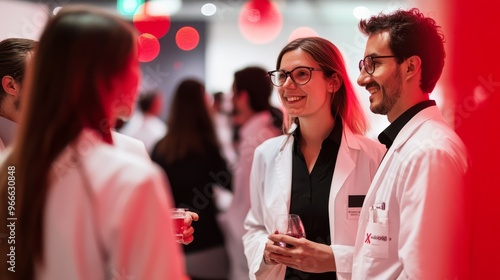 Healthcare professionals networking at a conference, smiling and engaging in conversation while wearing lab coats.
