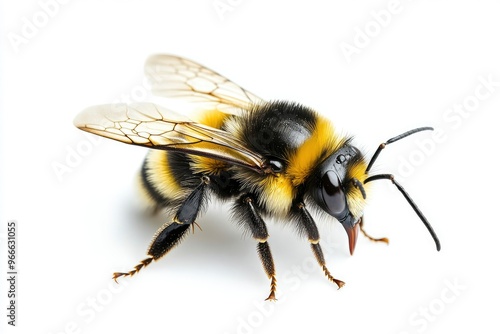 Bee yellow and black on white plain background, isolated , ai