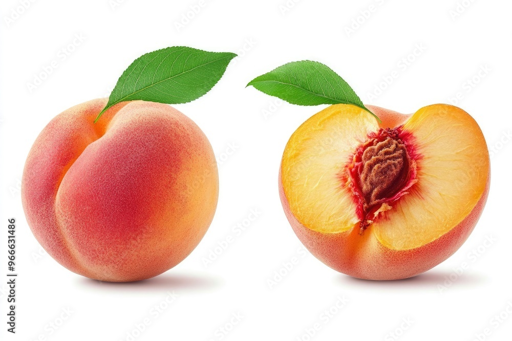Peach collection. Peach fruits with green leaf isolated on white background. Peach with clipping path , ai Peach collection. Peach fruits with green leaf isolated on white background. Peach with clipping path , ai