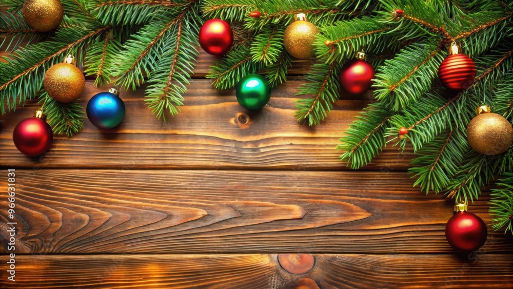 Brown wooden table with green Christmas tree branches and colorful ornaments , festive, decoration, holiday, background, wooden Brown wooden table with green Christmas tree branches and colorful ornaments , festive, decoration, holiday, background, wooden