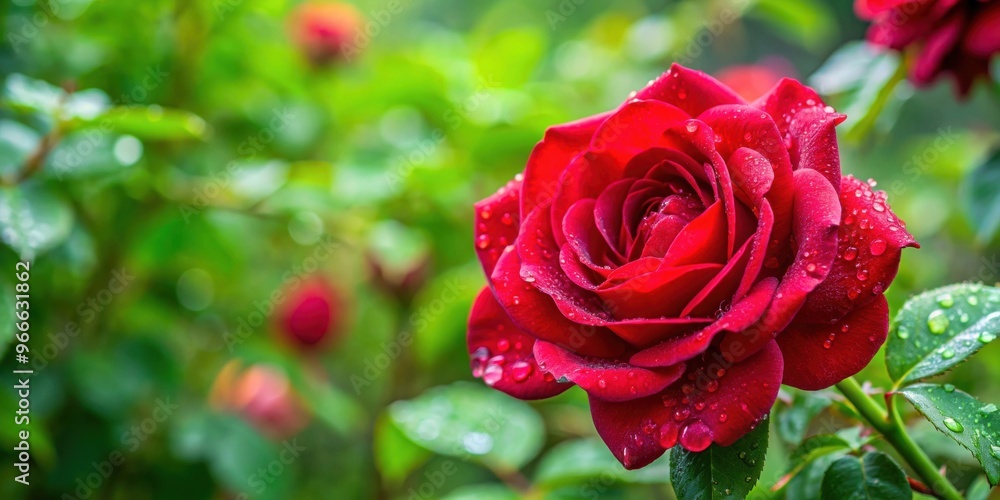Red shrub rose with raindrops in a lush green garden, rose, shrub, red, drops, rain, green, garden, nature, toned, fresh Red shrub rose with raindrops in a lush green garden, rose, shrub, red, drops, rain, green, garden, nature, toned, fresh