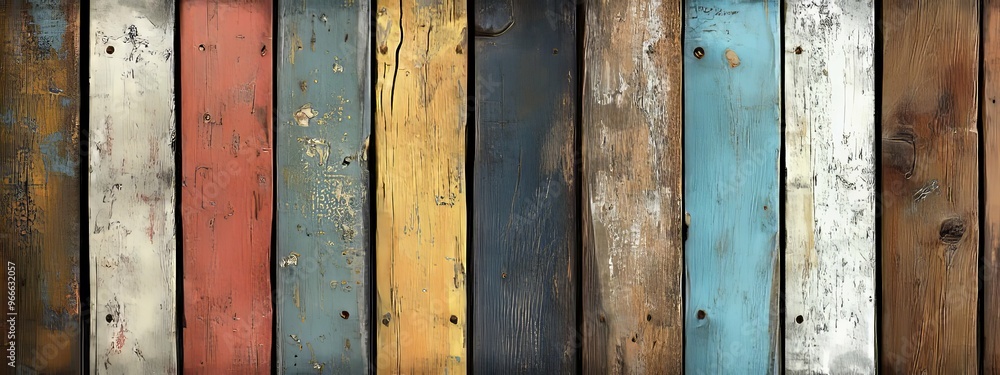 A Row of Weathered Wooden Planks with Various Colors and Textures A Row of Weathered Wooden Planks with Various Colors and Textures