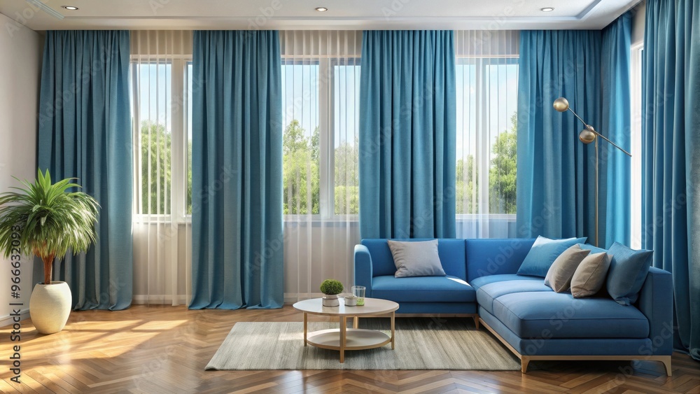 Fototapeta premium Blue curtains hanging in a modern living room , interior design, home decor, window treatment, drapes