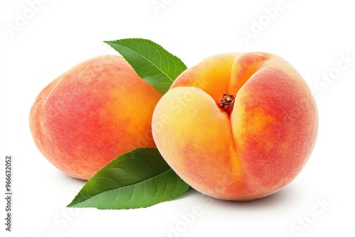 Peach collection. Peach fruits with green leaf isolated on white background. Peach with clipping path, ai