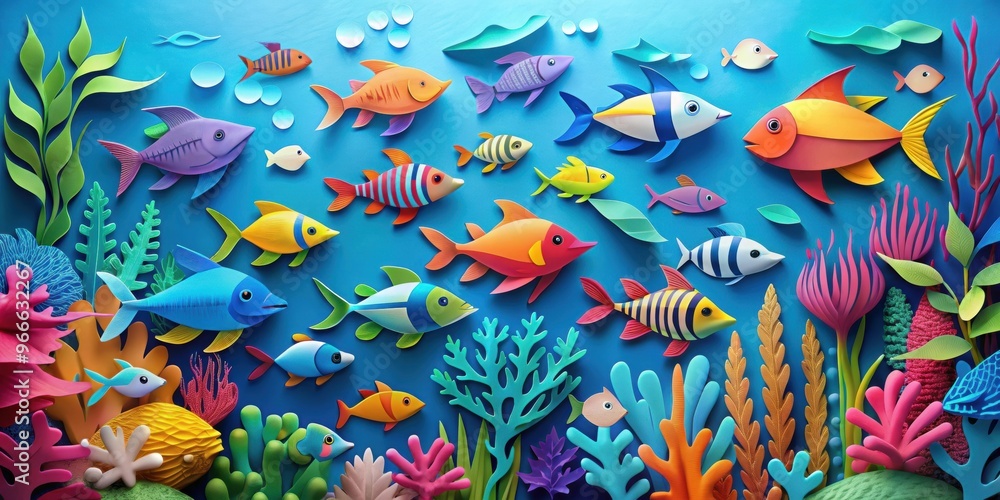 Colorful paper cut out fish in underwater scene depicting marine life ecosystems, marine life, ocean Colorful paper cut out fish in underwater scene depicting marine life ecosystems, marine life, ocean