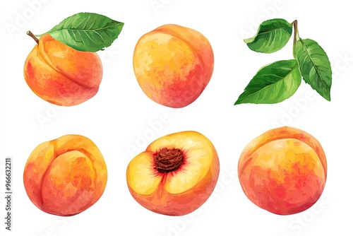 Peach collection. Peach fruits with green leaf isolated on white background. Peach with clipping path, ai