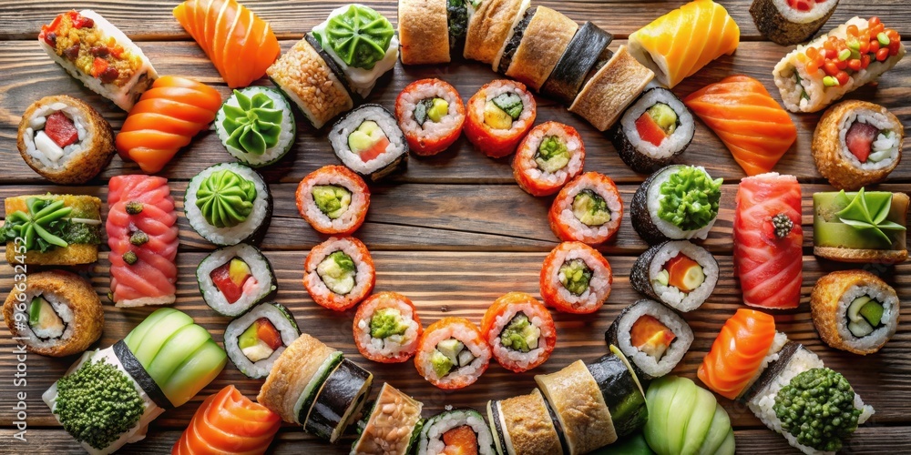 Top view of delicious sushi rolls with a variety of fillings and toppings, sushi, rolls, Japanese cuisine, food, seafood Top view of delicious sushi rolls with a variety of fillings and toppings, sushi, rolls, Japanese cuisine, food, seafood
