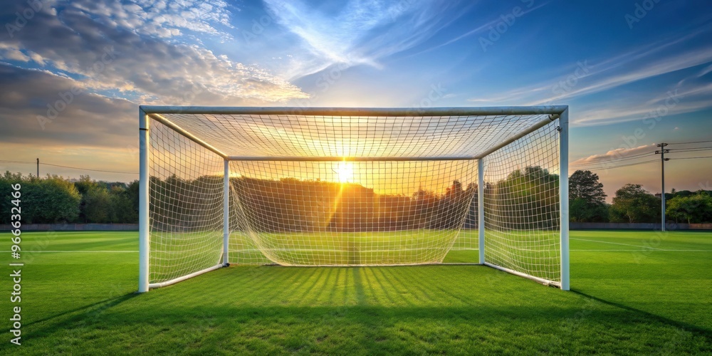 Fototapeta premium Net for football gates set up on a grass field , football, gates, net, soccer, goal, grass, sport, equipment, outdoor