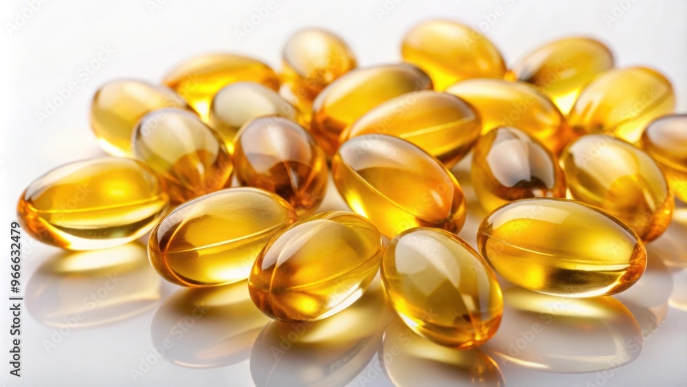 Close-up of cod liver oil capsules on a white background, supplement, health, nutrition, omega-3, fish oil, vitamin D Close-up of cod liver oil capsules on a white background, supplement, health, nutrition, omega-3, fish oil, vitamin D
