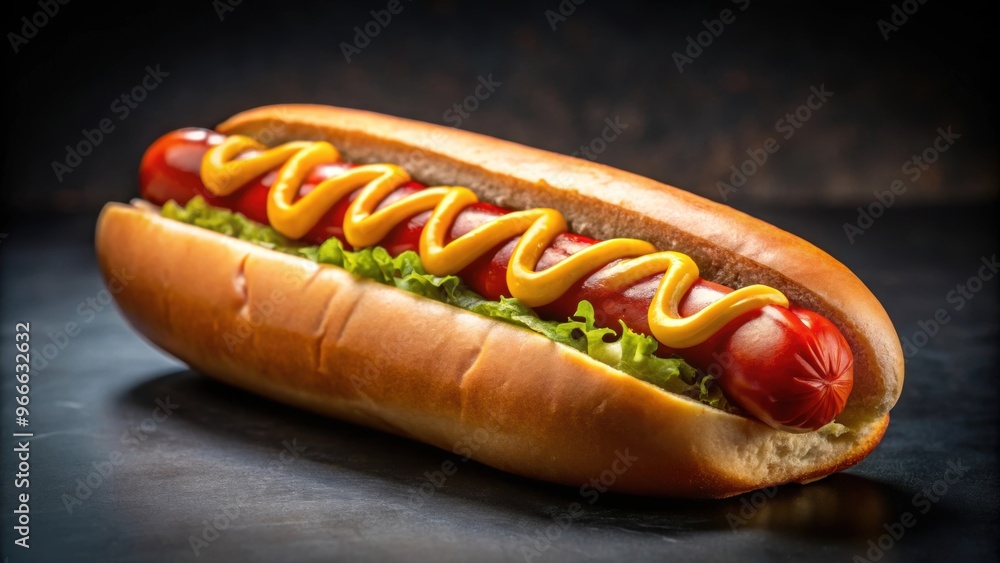 Classic hot dog with ketchup and mustard on a black background, hot dog, classic, food, condiments, fast food, snack, sausage Classic hot dog with ketchup and mustard on a black background, hot dog, classic, food, condiments, fast food, snack, sausage