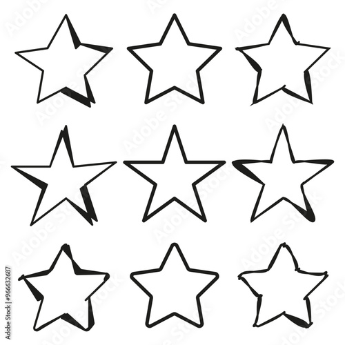Hand drawn star icons. Rough sketched star symbols. Bold vector shapes. Irregular outlines.