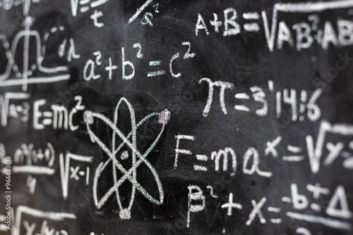 Fotomural Operaciones matemáticas y formulas de física cuántica escritas a mano con una ti