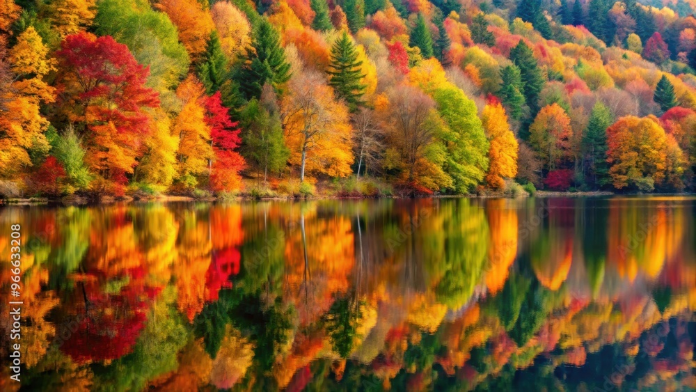 Obraz premium Autumn forest colors reflected beautifully in a tranquil lake, autumn, forest, reflection, lake, nature, scenery, tranquil, peaceful