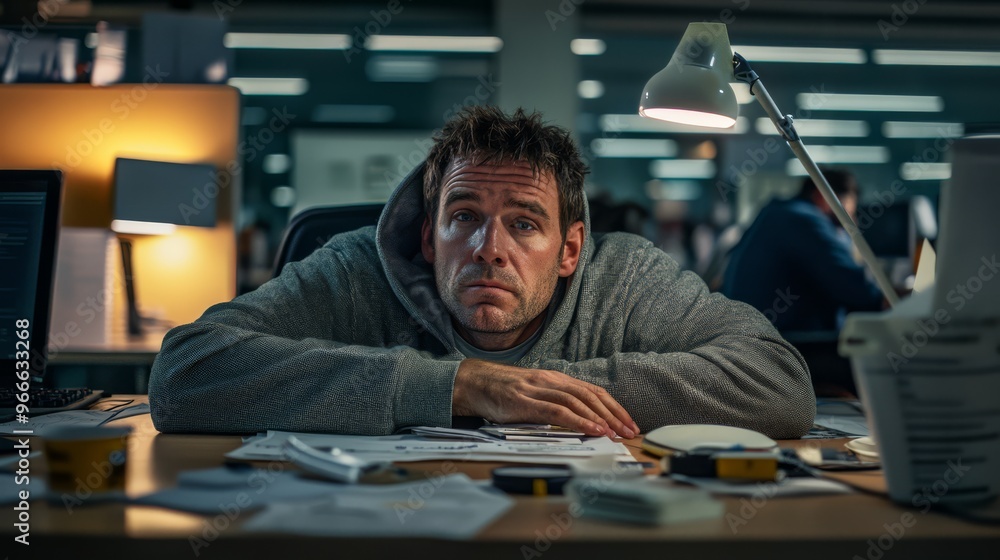 Obraz premium Stressed man working late in an office, surrounded by paperwork, looking tired and overwhelmed under lamp light.