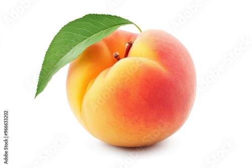 Peach collection. Peach fruits with green leaf isolated on white background. Peach with clipping path, ai