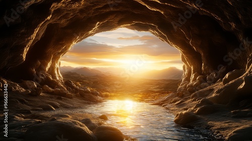 Stunning sunset view from inside a cave with a serene water reflection and mountains in the background. photo